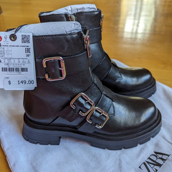 Zara Shoes - Zara Lug sole 100% leather Mid-calf ankle boots booties buckle and zip 36 6 NWT